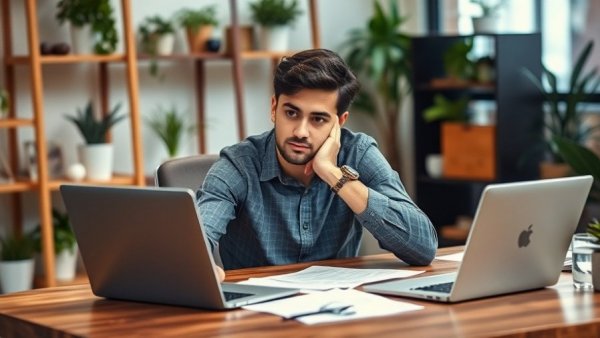 Pensive young man at desk in office related to cell and gene therapy startups.