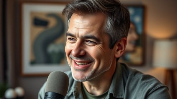 Casual middle-aged man's subtle presentation emphasizing creative enhancement for Facebook ads, in a softly lit home setting.