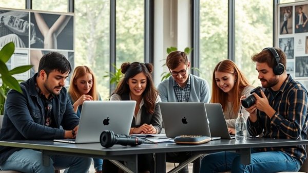 Vibrant office setting, team brainstorming on clip creation tools.