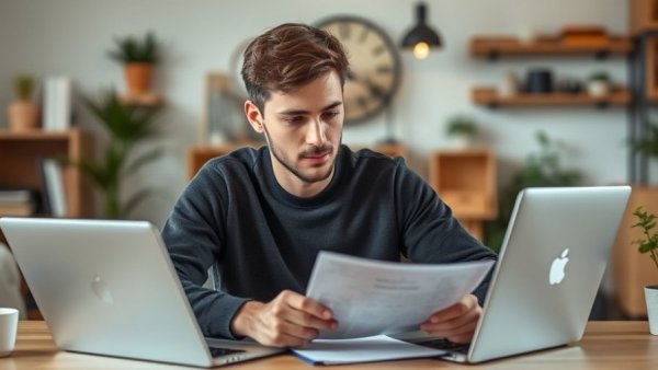 Young man analyzing rental property maintenance plan at home office.