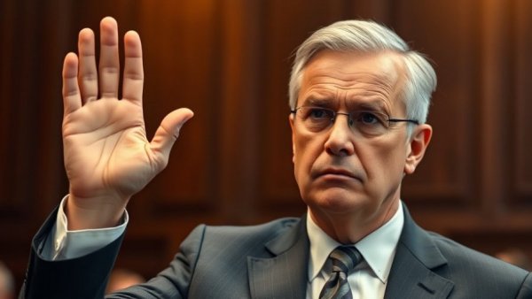 Serious man in suit raising hand in courtroom; mortgage fraud allegations.