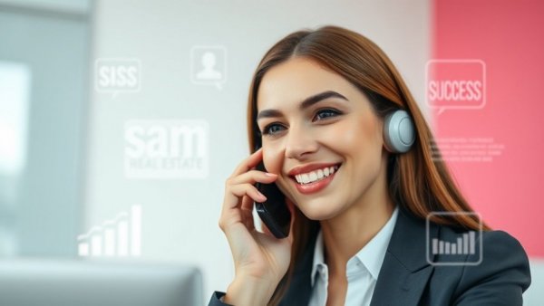 Professional woman using renowned real estate marketing platform, vibrant design.