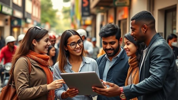 Diverse team at cafe discussing tokenomics, urban setting with laptops.