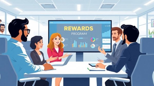 Illustrated referral rewards program in a modern office setting, with digital elements.