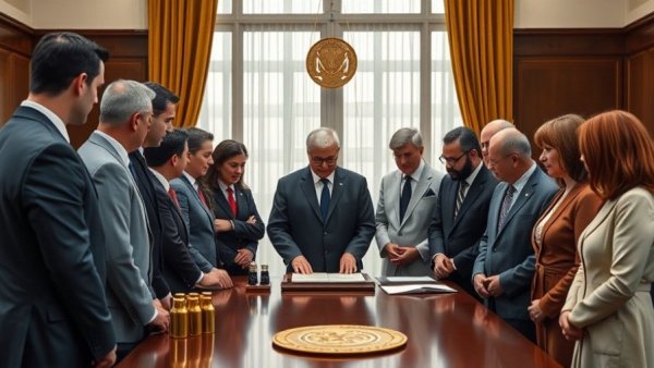 Diverse group in formal ceremony under golden curtains, HUD shifts homeless policy.