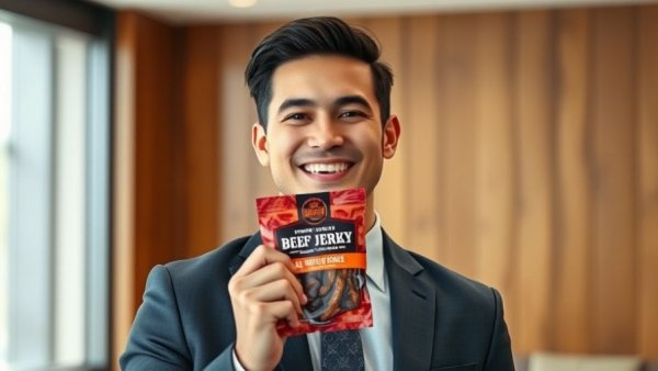 Smiling young man in suit holding beef jerky package in office, How I Became MrBeef article.