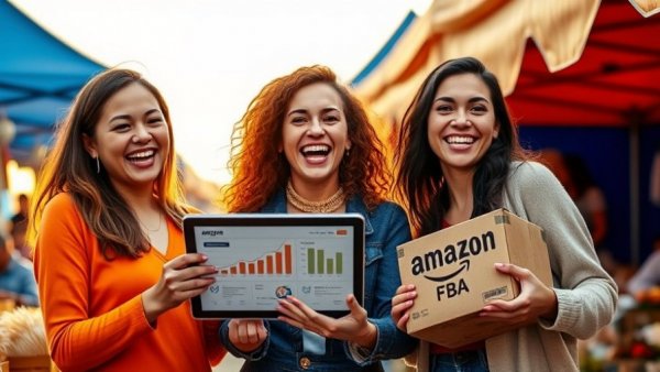 Excited young women discover Amazon AI Advertising Tools at bustling market.
