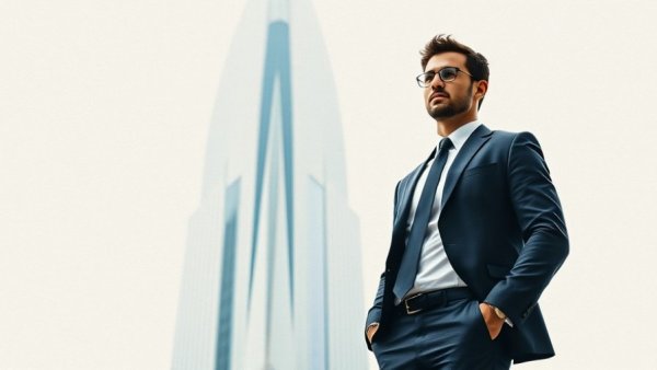 Confident man plans beside modern building.