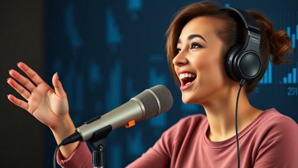 Engaged female podcast host recording real estate podcast.