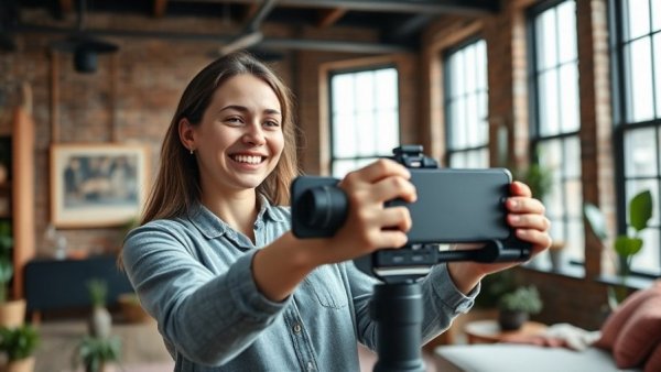 Young woman filming in trendy apartment, exploring viral TikTok tips.