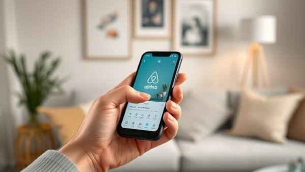 Close-up of hand using Airbnb app on smartphone, smart ways to market your Airbnb online.