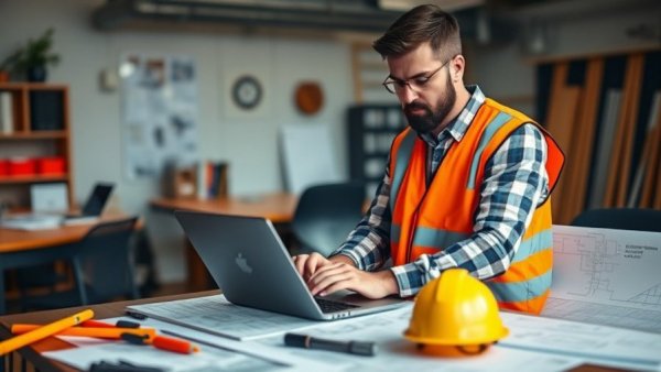 Professional using construction bidding software on laptop in office.