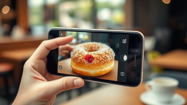 Creative Instagram Story ideas: taking a photo of a donut with a smartphone.