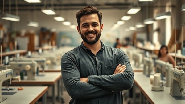 AI in Supplier Sourcing: Man in sewing workshop confidently posing.