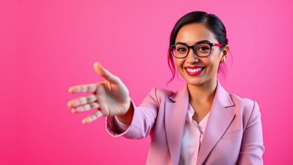 Confident businesswoman offering a handshake in a neon style, depicting earning gratitude in real estate.