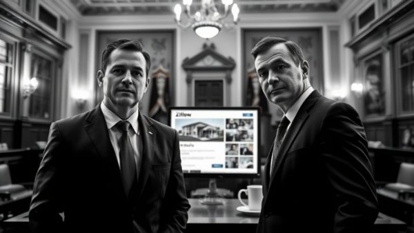 Zillow RICO allegations concept with businessmen and real estate listing.
