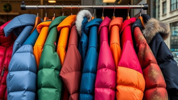 Colorful jackets displayed in store window for Black Friday marketing strategy.