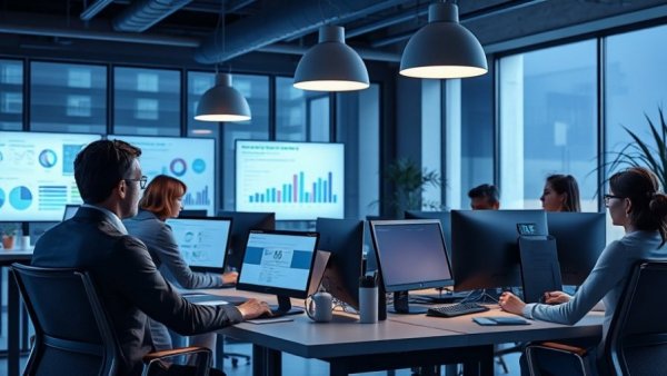 Office scene with employees using HR software, best online HR systems in action.