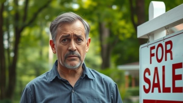 Concerned man by 'For Sale' sign in a wooded area related to portable mortgages.