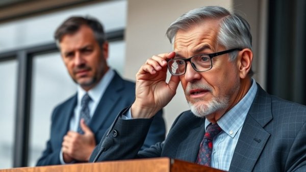 A man in a suit adjusting his glasses at a podium, another man behind with a serious expression, outdoors.