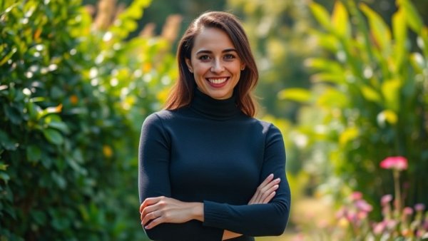 Confident woman in lush garden, purpose driven leadership.