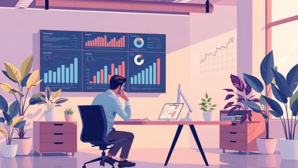 Colorful business office scene with CSAT charts for small business.