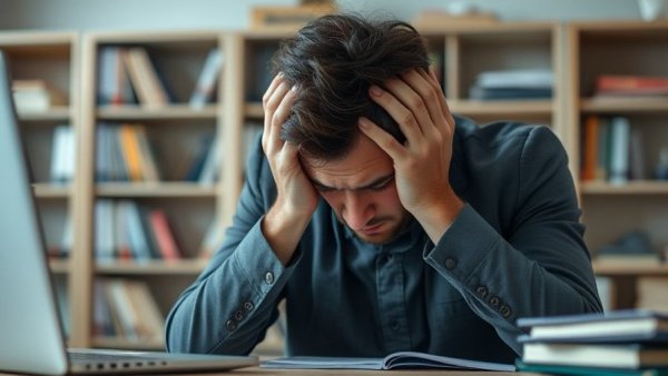 Stressed individual overwhelmed at desk. Real Estate Save You From AI-Related Unemployment context.