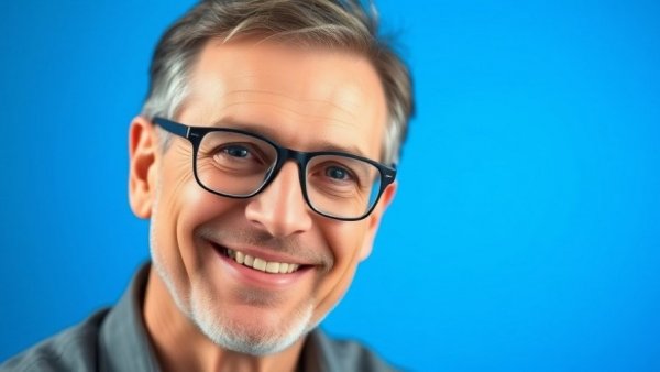 Confident mature man with glasses on a blue background discussing FSBOs cannot sell at a Realtor price.