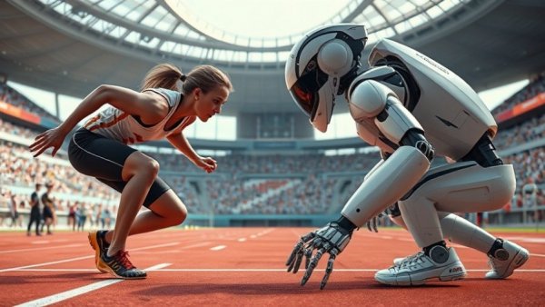 Vivid race scene: humans vs robots competing in a stadium.