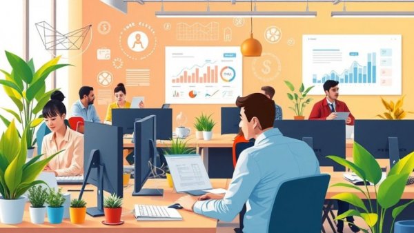 Illustration of HR payroll program in a vibrant office setting.