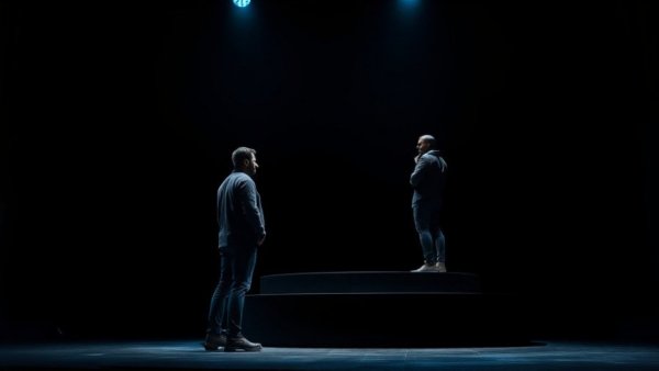 Cinematic photo of two men on a dark stage discussing Beehiiv Newsletter Expansion.