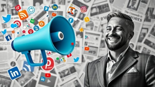 Real Estate Social Media Strategies conceptual design with icons and a man.