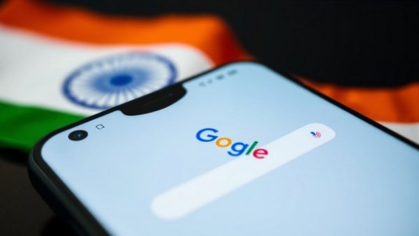 Smartphone with Google homepage and Indian flag backdrop, highlighting AI startups in India funding.