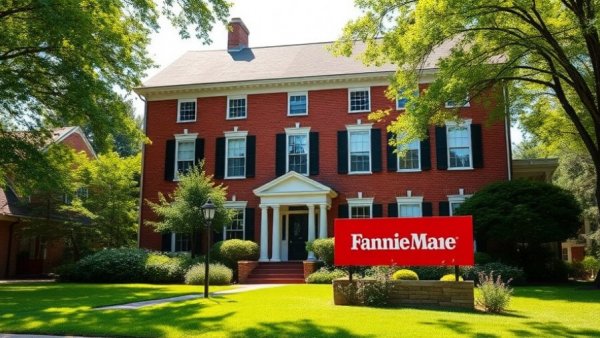 Classic Fannie Mae building with sign, surrounded by greenery.