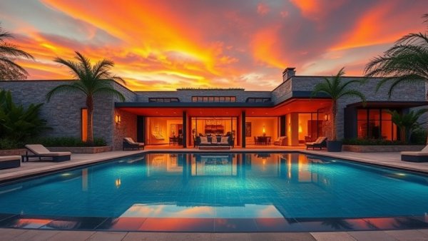 Luxurious modern villa with pool at sunset, showcasing 2026 trends.