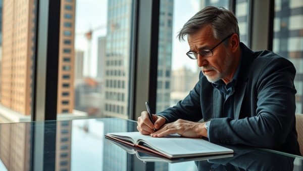 Disciplined man deep in thought writing notes at a reflective table, Discipline Formula for Success.