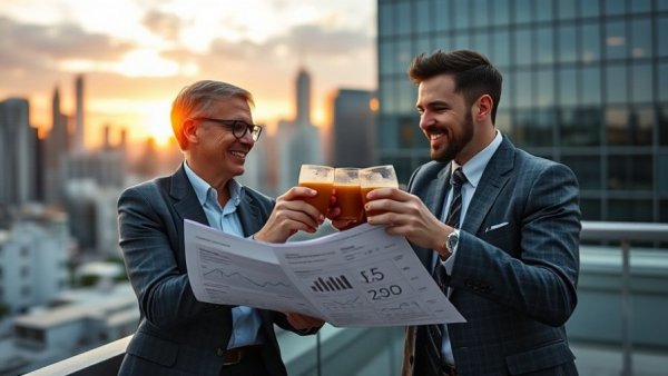 Two professionals discuss creator marketing investment on a rooftop.