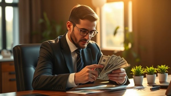 Professional businessman reviewing cash at desk, Best Merchant Cash Advance Companies for 2025.