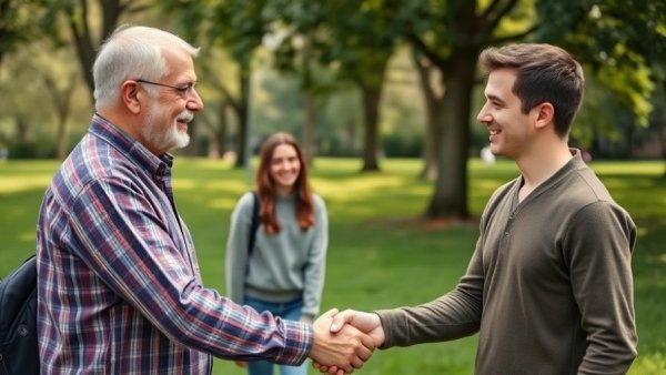 Mentorship handshake in a park highlighting the power of mentorship for first-generation students.
