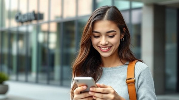 Influencer using AI dictation tools on smartphone outside.