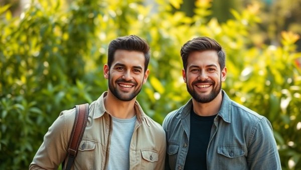 Nordic founders taking risks, confidently posing in a lush garden.