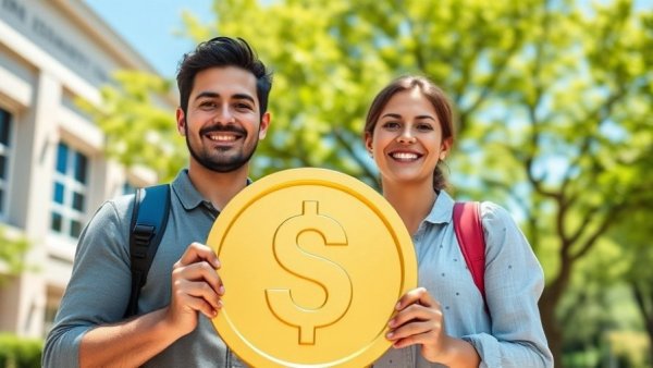 College funding through coin flip concept with large dollar coin and college campus.