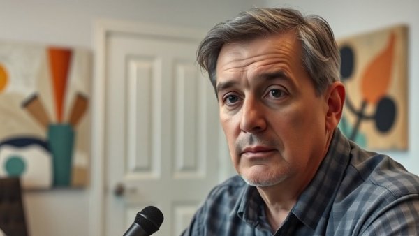 Middle-aged man discussing scam ads impact indoors.