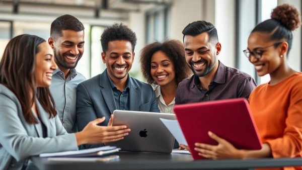 Business team discussing responding to online reviews in a modern office.