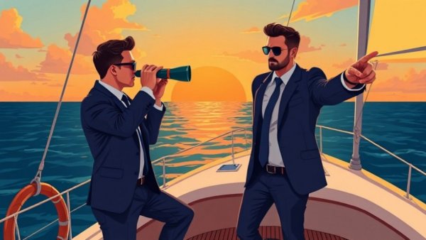 Stylized business professionals on sailboat with telescope, orange sunset.