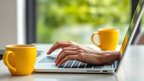 Hands typing on laptop with yellow mug, productivity boost.