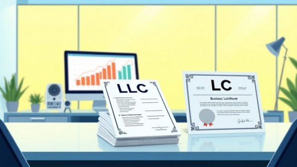 Illustration of office with LLC business license on desk.