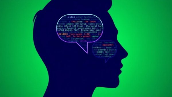 Abstract AI voice technology concept with speech bubble and code.