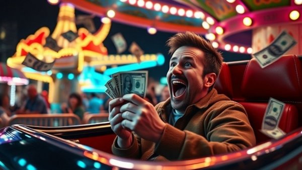 Excited man holding cash on amusement ride, dynamic scene.