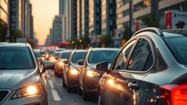Heavy traffic on an urban street at dusk highlighting New Mexico traffic law violations.